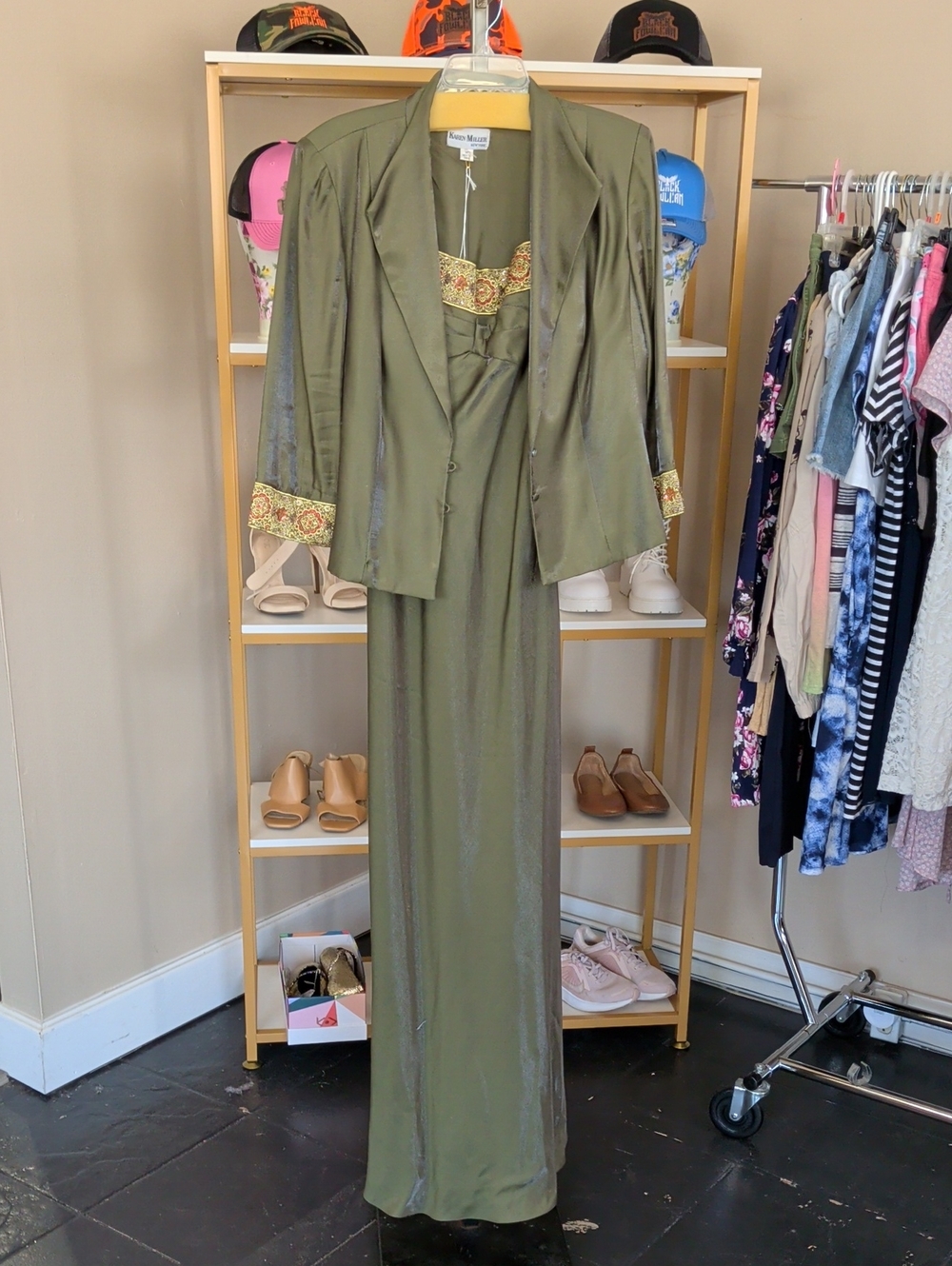 VintageKaren Miller Olive Green Maxi Dress with Embellished Gold Trim and Jacket